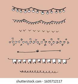 Separator in the form of flags, bulbs, hearts. Vector hand drawn isolated objects.  Text dividers in sketch style.