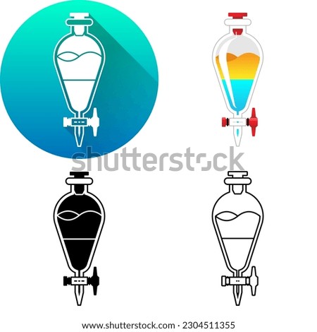 Separatory Funnel Two-Phase Liquid Laboratory Equipment, Set of Flat Long Shadow, Color, Black-White Silhouette, Line Art Icon Symbol Logo Isolated on White Background