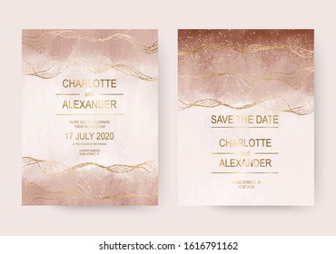 Sepia acrylic wedding invitation cards with brush stroke and gold waves.