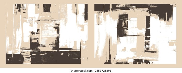 Sepia backgrounds set, modern abstract backdrop designs. Rough textured brush strokes painting, vector artwork