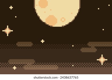 Cielo nocturno de color marrón sepia con luna llena, ilustración de arte de píxeles