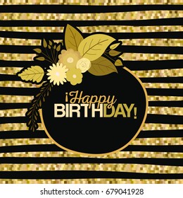 sepia color lines background with circular frame with decorative flowers and text happy birthday inside vector illustration