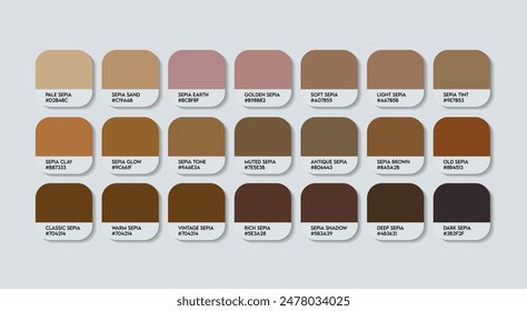 Sepia Color Palette, Sepia Color Guide Palette with Color Names. Catalog Samples of Sepia with RGB HEX codes and Names. Fashion Trend Brown Colour Palette Vector. Metal, Wood Dark Brown Color Palette