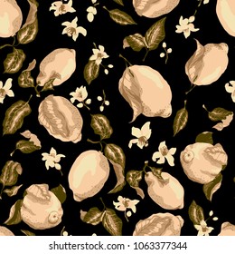 Sepia Color Seamless Pattern with lemon tree fruits on the branches with leaves and flowers, juicy freshness