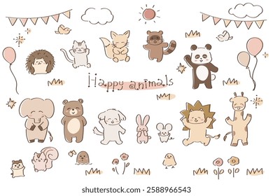 Sepia colored cute and relaxed animal illustration set