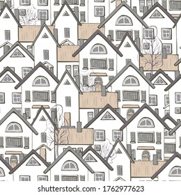 Sepia graphic monochrome seamless pattern with cute hand drawn houses  one after another and trees. Light brown endless texture with norway cityscape in scandinavia style for concept design. 