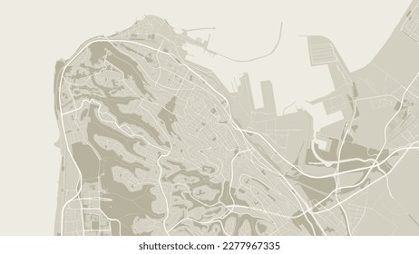 Sepia Haifa City area vector background map, roads and water cartography illustration. Widescreen proportion, digital flat design roadmap.