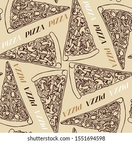 Sepia hand drawn vector seamless pattern with realistic pizza slices and lettering. Good for wrapping paper, wallpapers at cafe, pizzeria or bakery