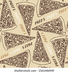 Sepia hand drawn vector seamless pattern with realistic pizza slices and lettering. Good for wrapping paper, wallpapers at cafe, pizzeria or bakery