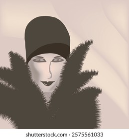 A sepia illustration features a 1920s flapper wearing a feathery outfit.