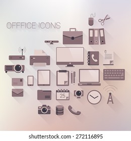 Sepia office and business icon set with shadows.