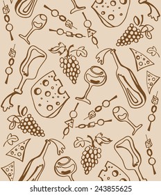 Sepia seamless pattern with wine glasses, bottles, grapes and cheese.