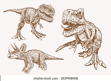 Sepia set of dinosaurs, retro background, vector illustration
