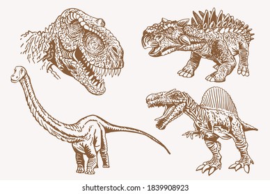 Sepia set of dinosaurs, retro background, vector illustration