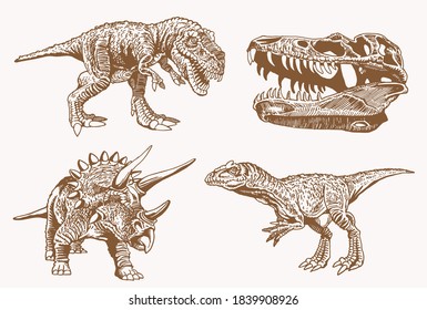 Sepia set of dinosaurs, retro background, vector illustration