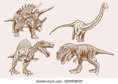 Sepia set of dinosaurs, retro background, vector illustration