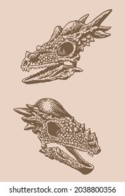 Sepia set of skulls of dinosaurs, vintage illustration 