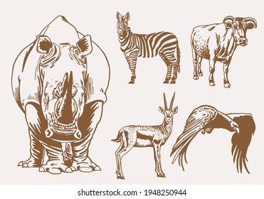 Sepia set of wild animals,illustration for printing 