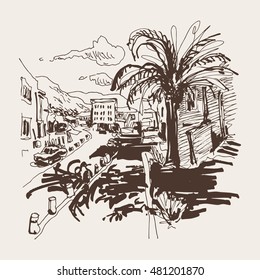 sepia sketch drawing of Petrovac Montenegro street with palm, travel postcard vector illustration