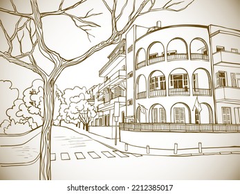 Sepia urban landscape. Hand drawn sketch. Line art. Tel Aviv, Israel. Vector illustration on white background. Without people. Vintage postcard style.