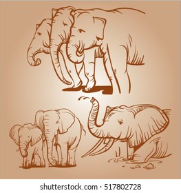 sepia vector sketch of elephants. logo or label with an elephant figure. engraved set of elephants. 
