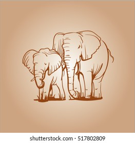 sepia vector sketch of elephants.
logo or label with an elephant figures sun and father. engraved elephant.