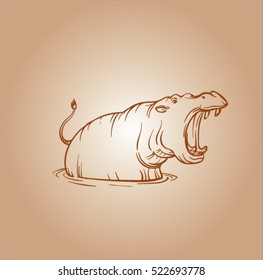 sepia vector sketch of hippopotamus