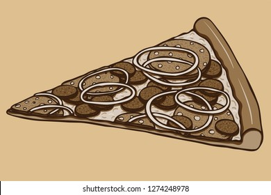 Sepia vintage realistic hand drawn vector slice of pizza topped with cheese, mushrooms, bell peper rings and peperoni