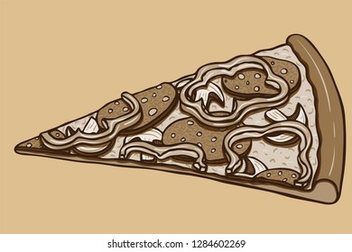 Sepia vintage realistic hand drawn vector slice of pizza topped with cheese, mushrooms, bell pepper rings and peperoni