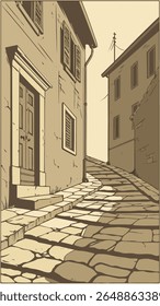 Um desenho em tom sépia representa um beco estreito com pavimentação em pedra e edifícios em ambos os lados.
