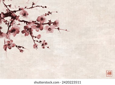 Sepia-toned sakura branch on vintage background. Traditional oriental ink painting sumi-e, u-sin, go-hua. Translation of hieroglyph - zen.