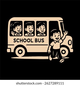 A sepia-toned vector illustration of cheerful school children boarding a school bus, with one child waving goodbye. The artwork features a warm, nostalgic style, perfect for educational themes and bac