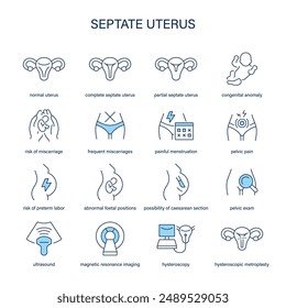 Septate Uterus symptoms, diagnostic and treatment vector icons. Medical icons.