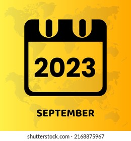 Septembe 2023 calendar icon vector illustration, transparent world map isolated in the colored yellow background. Monthly calendar design template for planner, poster, wallpaper, banner, greeting card