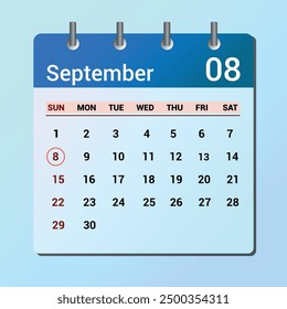 September 08. Flat icon calendar isolated on blue background. Date and month vector illustration