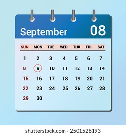 September 09. Flat icon calendar isolated on blue background. Date and month vector illustration