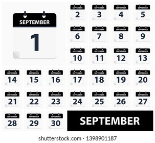 September 1 - September 30 - Calendar Icons. All days of month. Black color. Vector illustration.