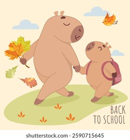 September 1, back to school, autumn, knowledge day, first grade, student, capybara takes child to school, capybaras on a walk, mother and baby, backpack, good mood, autumn leaves, walking with child 