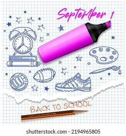 September 1. Back to school. School design icons set. Inscription with a pink marker on a notebook sheet. Vector illustration