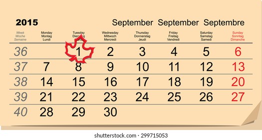 September 1 - back to school. Maple Leaf on calendar. Illustration in vector format
