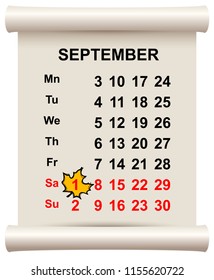 September 1 beginning of autumn. Maple leaf on calendar. Isolated on white vector illustration
