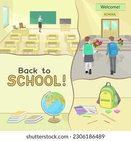 September 1, the beginning of school, children with flowers, a class with a teacher, a globe, books, notebooks. Concept - gaining knowledge - breadth of horizons - the world. Vector illustration.