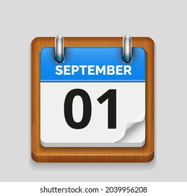 September 1 blue daily realistic calendar with wooden frame icon date vector image