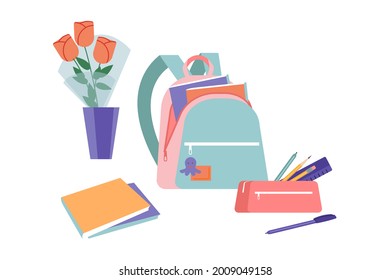 September 1. A bouquet of flowers for the teacher, an open backpack with textbooks, notebooks, a pencil case, pencils, fountain pens. School supplies. Preparing for school.  Vector flat illustration.