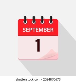 September 1, Calendar icon with shadow. Day, month. Flat vector illustration.