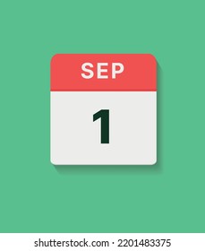Icono del calendario del 1 de septiembre, ilustración plana vectorial. colores rojo, gris y verde.