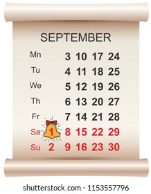 September 1 day of knowledge calendar and bell. First day of school. Vector illustration