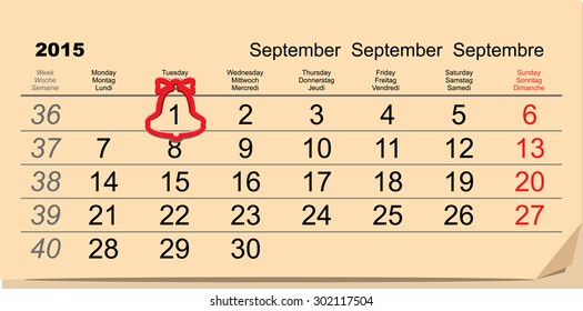 September 1 - First day of school. Red bell with ribbon. Calendar illustration in vector format