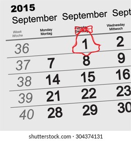 September 1 - First day of school. Red bell with ribbon. Calendar illustration in vector format