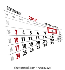 September 1, highlighted on 2017 calendar. Week starts from Sunday. Vector Illustration.